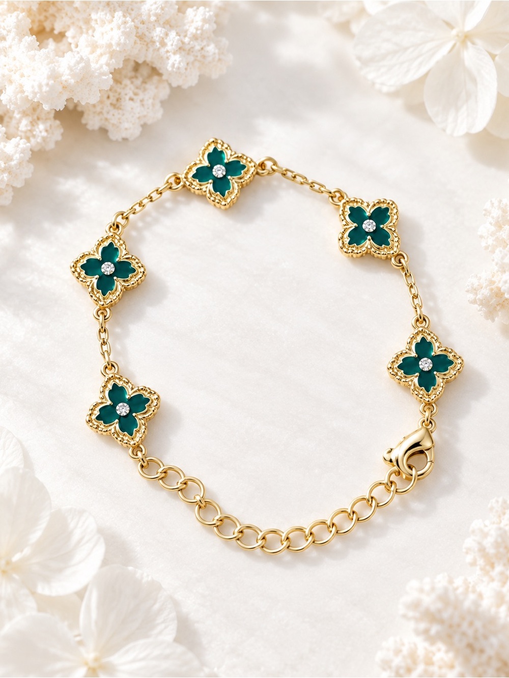 Gold-Plated Green Clover Link Bracelet - Women Jewelry